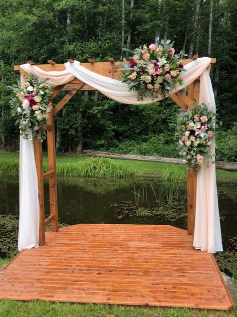 Wedding By Pond Country, Wedding Pergola Draping, Diy Wedding Pergola, Pond Wedding Decor, Wedding Arbor With Fabric, Dock Wedding Ceremony Decor, Pond Side Wedding, Wedding On Dock, Arbor Wedding Decorations