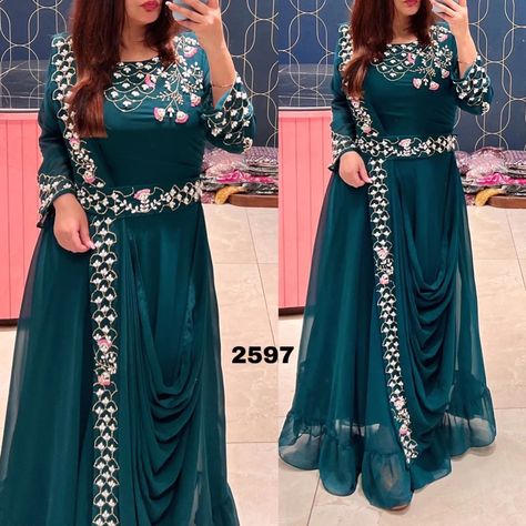 ₹1899 **Saree Gowns* Are The Latest Style Of Draping Sarees 😍😍 So This *Wedding Season * Go For Saree Gown **. RUTBA KHAN** (Indo Western Saree Style Gown) *2597* *Fabric Description * Georgette Fabric Saree Style Gown Having Beautiful Handwork on neck nd Sleeves Dupatta: beautiful handw... Long Gown Dress From Fancy Saree, Lehnga Duppata Draping Style, Latest Saree Gown Designs, Party Wear Gowns Western, Saree Style Gown, Indo Western Dress Party Wear, Drape Dupatta, Western Saree, Indo Western Saree