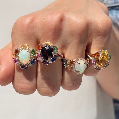 Rings of the rainbow! 🌈 Each of these rings packs a punch, from Neopolitan Opal to Pomegranate Garnet to Cinnamon Citrine. Which rainbow would you chase? Rainbow Stone Ring, Rainbow Engagement Ring, Rainbow Rings Engagement, Multicolor Jewelry, Green Amethyst Ring, Rainbow Rings, Rainbow Opal, Chocolate Diamonds, Sapphire Engagement Ring Blue