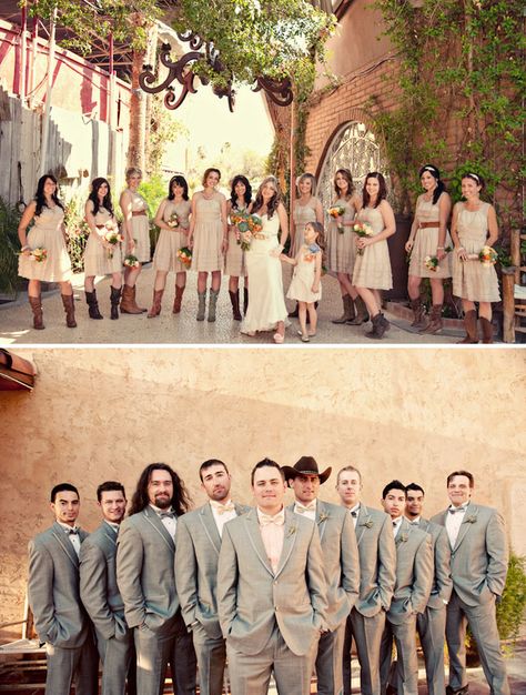 I love everything about this...the boots, the coordinating but not completely matching bridesmaids, grey suits with orange checkered shirts.  Her wedding dress, belt, and head piece.  LoVe It!! Suit With Cowboy Boots, Mexican Rodeo, Anthropologie Wedding Dress, Vintage Mexican Wedding, Beige Bridesmaid Dress, Beige Bridesmaids, Mismatched Dresses, Grey Suits, Matching Bridesmaids