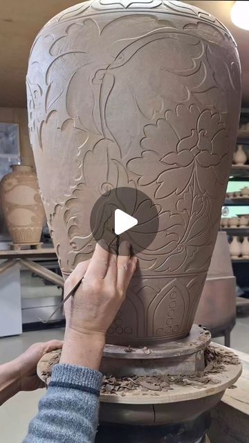 Love in Pottery on Instagram: "by @hwasimdoyo. Carving Lotus flower design on a buncheong jar Technique of pottery craftsmanship passed down from master for six generations. FOLLOW👉 @loveinpottery for more pottery contents ☕️ !  visit their page and support 💕  Follow us on @mustvisitguide (Travel Lovers) & @musthomeguide (Interior Lovers) !  #homedecor #stoneware #artist #art #tableware #ceramicartist #ceramicsculpture #wheelthrown #craft #sculpture #keramik #clay #ceramics #instapottery #ceramica #design #handmadeceramics #glaze #pottersofinstagram #contemporaryceramics" Carving Ceramics, Ceramic Sculpture Artists, Pottery Carving, Craft Sculpture, Carved Pottery, Handbuilt Pottery, Lotus Flower Design, Mud Room, Contemporary Ceramics