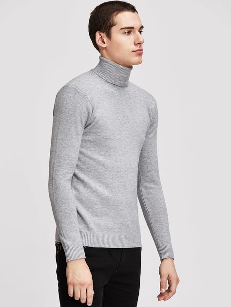 Men Solid High-neck Sweater -SHEIN(SHEINSIDE) High Neck Sweater Men, High Neck Outfit, Sweater And Jeans Outfit, Men Knitwear, Classy Suits, High Neck Sweater, Knitwear Men, Sweaters Online, Sweaters And Jeans