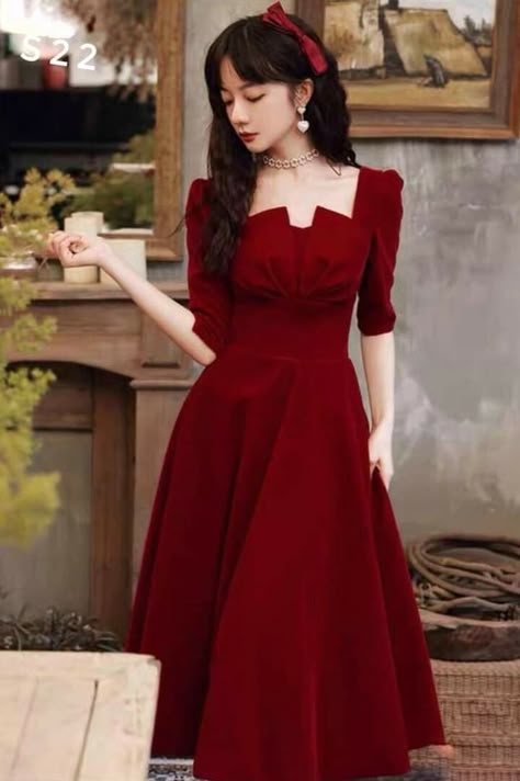 Nice Dresses For Teens, Bedroom Decor Korean, Cute Knee Length Dresses, Casual Gowns Classy, Light Red Dress, Casual Long Sleeve Dresses, Red Colour Dress, Aesthetic Valentines, Classy Gowns