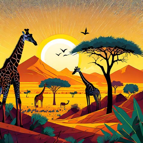 #safari #giraffes #elephants #africa #threes #lion #tanzania #sunset #sun #savanna #animals #desert #montagnes #art #ai #design #roadtrip Africa Animals Illustration, Savanna Africa, Safari Tattoo, Safari Colors, Hallway Painting, Africa Illustration, Savanna Biome, Africa Drawing, Lion King Poster