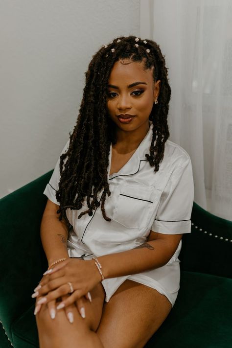 #blackbrides #fauxlocs #blackhairstyles #blackwedding #silkpajamas Locd Bride, Faux Locs Wedding Hairstyles, Brides With Locs, Locs Bridal Hairstyles, Bride With Locs, Locs Wedding Hairstyles Brides, Bridal Locs, Locs Wedding Hairstyles, Locs Wedding