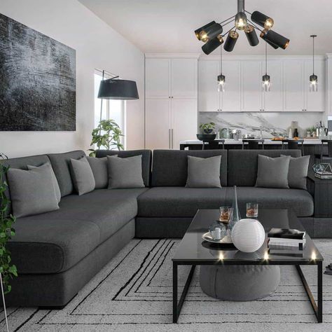 34 Gray Couch Living Room Ideas [Inc. Photos] - Home Decor Bliss Dark Grey Couch Living Room, Gray Sofa Living, Modern Grey Living Room, Gray Couch, Gray Living Room Design, Grey Sofa Living Room, Couches Living, Furnitur Ruang Keluarga, Grey Couch Living Room