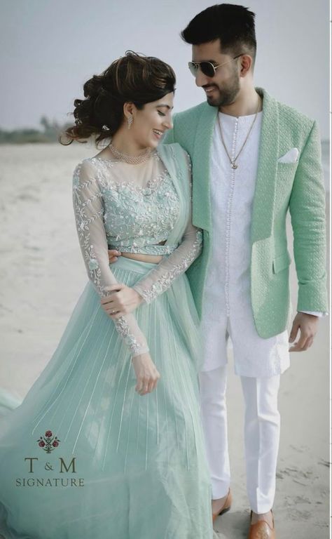 Couple Clothes Matching Outfits Wedding, Couple Dresses Matching, Pista Green Couple Dress, Engagement Matching Outfits, Wedding Reception Couple Dress Indian, Wedding Dresses For Couple, Couples Dresses Matching Wedding, Couples Reception Outfit, Couple Same Clothes Outfits