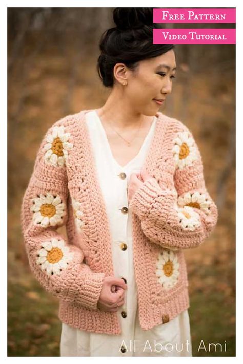 Cozy Days Daisy Cardigan Free Crochet Pattern and Video Tutorial Flower Sweater Crochet Pattern, Flower Granny Square Cardigan, Flower Cardigan Crochet, Crochet Flower Cardigan, Vest Haken, Daisy Cardigan, Daisy Sweater, Wearable Crochet, Crochet Cardigan Free