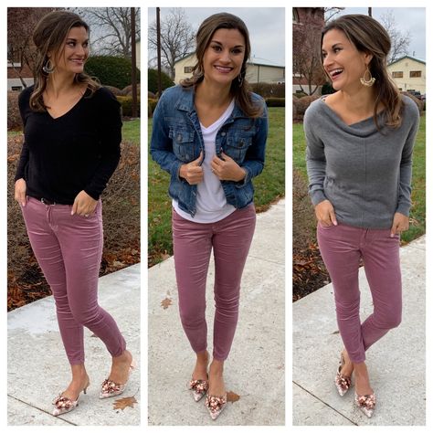 One pair of pink velvet pant, three ways #justpostedblog #ShopStyle #shopthelook #MyShopStyle #OOTD #winteroutfit Dusty Rose Jeans Outfit, Pink Jegging Outfit, Outfits With Mauve Pants, Rose Color Pants Outfits, Mauve Slacks Outfit, Dusty Pink Jeans Outfit, What To Wear With Mauve Pants, Dark Pink Jeans Outfit, Rose Colored Pants Outfit