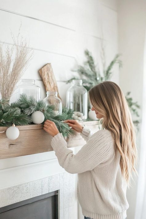 21 Stunning Organic Modern Christmas Mantel Ideas That'll Sleigh Organic Modern Christmas, Modern Winter Decor, January Home Decor Ideas, Christmas Mantel Ideas, Mantel Ideas, Modern Christmas Decor, Eucalyptus Garland, Wooden Bead Garland, Pink Christmas Decorations