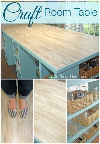 DIY Craft Room Table made into a kitchen island! Countertops out of laminate flooring or hard wood floorig?! Craft Room Table, Craft Tables With Storage, Craft Room Tables, Craft Table Diy, Dream Craft Room, Craft Room Design, Sewing Room Organization, Diy Craft Room, Scrapbook Room