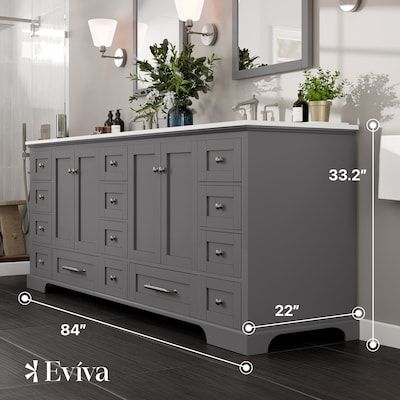 Eviva Frontier 84-in Dark Gray Undermount Double Sink Bathroom Vanity with White Cultured Marble Top in the Bathroom Vanities with Tops department at Lowes.com Dark Gray Bathroom Vanity, Dark Gray Bathroom, Porcelain Sinks, Wood Charcoal, Grey Bathroom Vanity, Carrara Marble Countertop, Porcelain Sink, Double Sink Bathroom, Double Sink Vanity