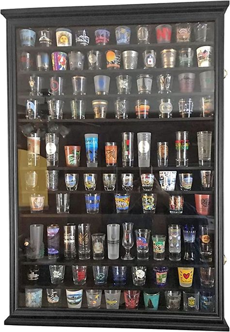 Shot Glass Display Ideas, Diy Shot Glass Display, Shot Glass Display, Wall Curio Cabinet, Shot Glasses Display, Wall Display Case, Glass Shadow Box, Wall Clips, Glass Display Case