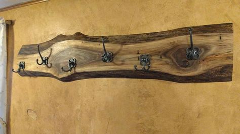 Black walnut coat rack milled with a chainsaw mill. Walnut Coat Rack, Milled Wood Projects, Black Walnut Wood Projects, Live Edge Coat Rack, Walnut Wood Projects, Walnut Wood Furniture, Chainsaw Mill, Live Edge Black Walnut, Rustic Log Furniture