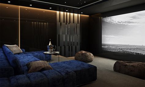 Home theatre ceiling design with a dark-coloured ceiling Movie Room Rug, Media Room Carpet, Theater Room Carpet, Movie Room Furniture, Hutton House, Home Theater Room Design, Theater Room Design, Home Cinema Room, Best Home Theater