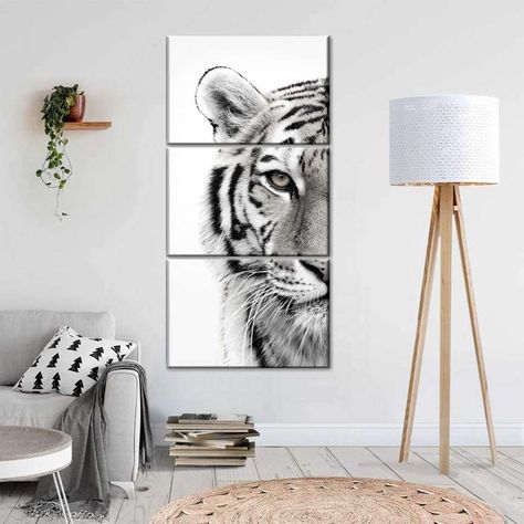 White Tiger Look Multi Panel Canvas Wall Art Safari Bedroom, Industrial Bedroom Design, Tiger Decor, Grey Bedroom Decor, Tiger Wall Art, Room Vibes, Monochrome Wall, Room Wall Painting, Big Girl Rooms