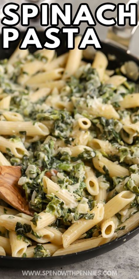 This quick homemade Spinach Pasta is made with easy ingredients like frozen spinach and cream cheese. It's a tasty dinner that's simple to cook but always tastes great! Budget-friendly and super easy, this meal is a great option for weekday meals for the family. Who doesn't love creamy pasta with spinach and parmesan cheese? #spendwithpennies #spinachpasta #maindish #recipe Frozen Spinach Recipes, Spinach Dinner Recipes, Homemade Spinach Pasta, Creamy Spinach Pasta, Spinach Pasta Recipes, Penne Pasta Recipes, Cheese Pasta Recipes, Pasta Sides, Meatless Main Dishes