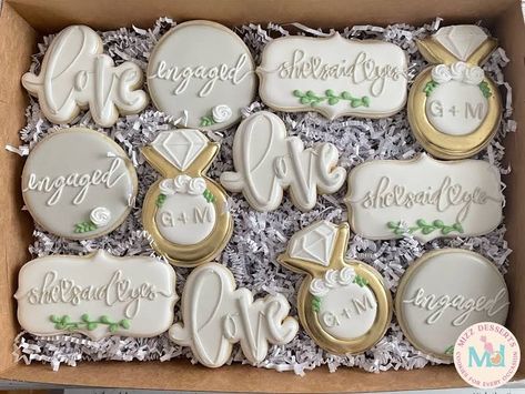 Custom Engagement Cookies, Proposal Cookies Engagement, Engagement Cookies Ideas, She Said Yes Cookies, Engagement Cookies Decorated, Engagement Desserts, Engagement Sugar Cookies, Engagement Ring Cookies, Proposal Cookies