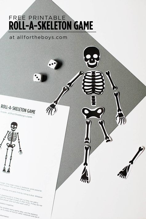 Free printable skeleton game - great for a halloween party or just for fun! Skeleton For Kids, Skeleton Crafts, Easy Halloween Games, Games For The Family, Skeleton Craft, One Is Fun, Skeleton Party, Halloween Class Party, Human Body Unit