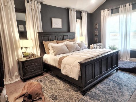 Modern Farmhouse Bedroom Dark Brown Furniture, Cozy Master Bedrooms Decor Dark Furniture, Gray Headboard Bedroom Color Schemes, Modern Farmhouse Bedroom Master Suite, Modern Classic Living Room, Rustic Master, Dark Bedroom Furniture, Bedroom Inspirations Master, Bedroom Decor Dark