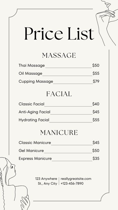 Canva Template Design by Ksuview. #Canva #Canvatemplate #Canvacreator #Canvacontributor #Canvadesign #Template #Aesthetic #Cozy #Modern #Business Massage Price List, Spa Price List, Massage Prices, Spa Prices, Price List Template, Aesthetic Cozy, Black Minimalist, A Massage, Spa Massage