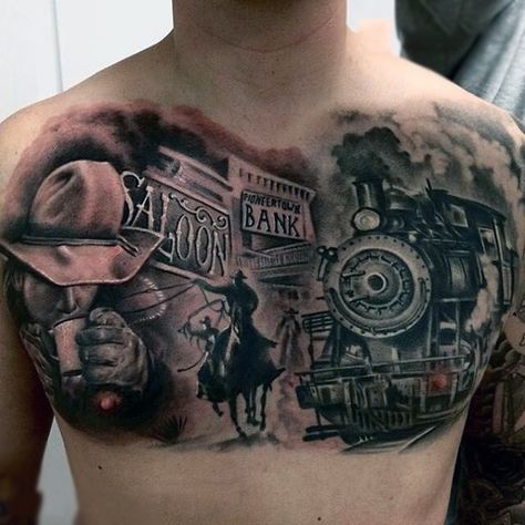 Old West Tattoo, Land Tattoos, West Tattoo, Western Scenery, Train Tattoo, Cowboy Tattoos, Country Tattoos, Western Tattoos, Mens Shoulder Tattoo