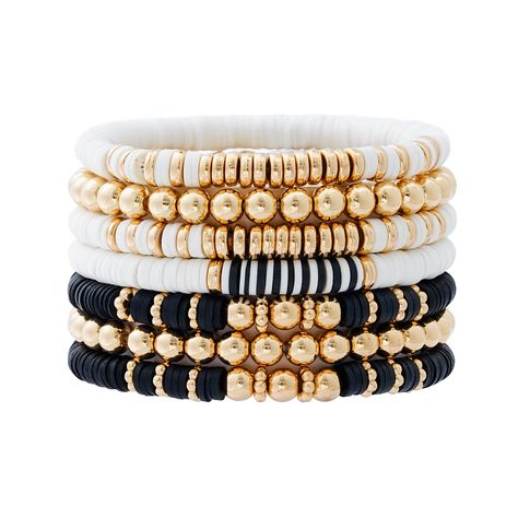 PRICES MAY VARY. What You Get: 7Pcs heishi surfer bracelets set, include 2PCS black clay bead bracelet, 2PCS white clay bead bracelet, 2PCS gold plated beaded bracelets and 1PCS mixed bracelet. Trendy and Stylish, you can mix and match with other ones you have too, would look great with most outfits, match a lot of your dresses. Suitable Size: inner perimeter of the bracelet is approx. 6.8/7 inches which is suitable for most people wrist size.The bracelets are stretchy, its's comfortable and str Sunflower Clay Bead Bracelet, Clay Beads Ideas Bracelets, Black Clay Bead Bracelet, White Clay Bead Bracelet, Bead Stretch Bracelets, Bracelets Summer, Heishi Bracelets, Clay Bracelets, Bracelet Trendy