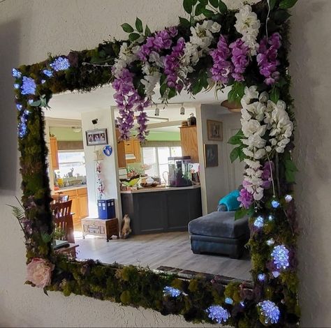 Moss Light Fixture, Crystal Moss Mirror, Enchanted Forest Mirror Diy, Mirror With Moss Frame, Square Moss Mirror, Moss And Crystal Mirror, Moss Mirror With Crystals, Fairy Themed Living Room, Moss On Mirror