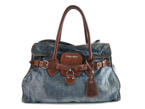 BAG, MIU MIU, Denim, brown leather, 40x25x11cm, Miu Miu Denim Bag, Miu Miu Runway, Miu Miu Denim, Pocket Handbag, Miu Miu Bag, Denim Bag, Exclusive Bag, Online Accessories, Handbag Accessories