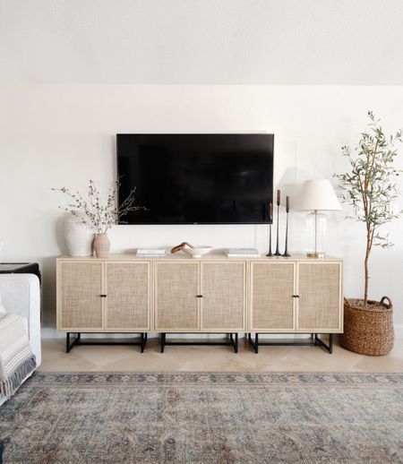 Chic Tv Stand Ideas Living Rooms, Media Stand Styling, Tv Over Sideboard, Decor On Either Side Of Tv, Two Sideboards Side By Side, Neutral Living Room Tv Console, Console With Tv Above, Neutral Tv Console Decor, Tv Sideboard Decor