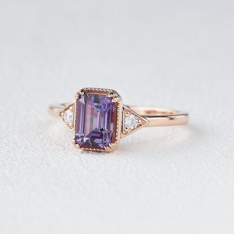 Amethyst Rose Gold Ring - Felicegals Emerald Cut Amethyst Ring, Purple Amethyst Ring Engagement, Engagement Ring Amethyst, Emerald Cut Wedding Ring, Purple Wedding Rings, Purple Diamond Ring, Purple Engagement Rings, Wedding Ring Rose Gold, Amethyst Wedding Rings