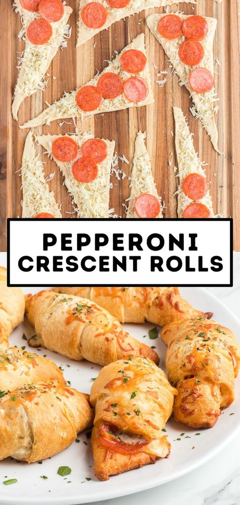 Easy Pepperoni Crescent Rolls make everyone happy! Flaky crescent roll dough is stuffed with gooey melted cheese and spicy pepperoni in this great recipe with only 4 ingredients. They're the perfect appetizer for your summer parties! Crescent Dough Appetizers, Creasant Roll Recipes, Pepperoni Cheese Rolls, Pepperoni Crescent Rolls, Crescent Roll Recipes Appetizers, Pepperoni Rolls Recipe, Pillsbury Crescent Recipes, Easy Crescent Roll Recipes, Pillsbury Crescent Roll Recipes