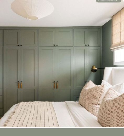 Green Bedroom Wardrobe Ideas, Green Built In Wardrobe, Olive Green Wardrobe Bedroom, Light Green Wardrobe Bedroom, Green Fitted Wardrobes, Built In Cupboards Bedroom, Card Room Green, Card Room, Bedroom Cupboards