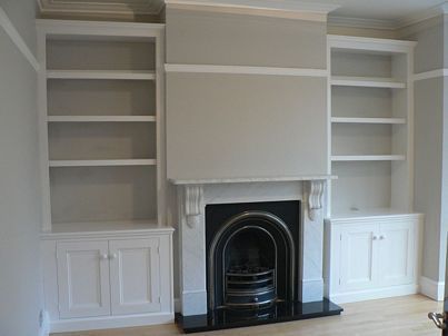 Alcove storage - traditional solution, finishing below cornice ... Historical Home Renovation, Alcove Ideas Living Room, Alcove Shelves, Alcove Cabinets, Alcove Storage, Alcove Ideas, Alcove Cupboards, Alcove Shelving, Victorian Living Room