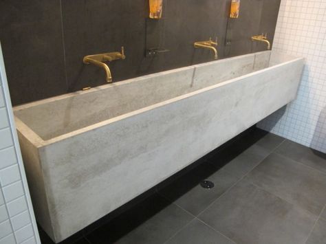 Concrete Trough Sink Bathroom, Concrete Basins Bathroom, Cement Double Sink Bathroom, Double Trough Sink, Trough Sink Bathroom, Large Bathroom Sink, Nood Concrete Basins, Concrete Double Sink, Concrete Studio