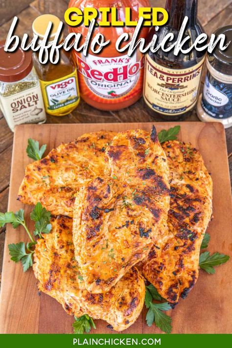 Grilled Buffalo Chicken - Plain Chicken Buffalo Chicken Grilled, Buffalo Grilled Chicken, Buffalo Chicken Marinade, Grilled Buffalo Chicken Sandwich, Buffalo Chicken Sauce, Grilled Buffalo Chicken, Grilled Chicken Marinade, Buffalo Chicken Recipes, Grilled Chicken Recipes