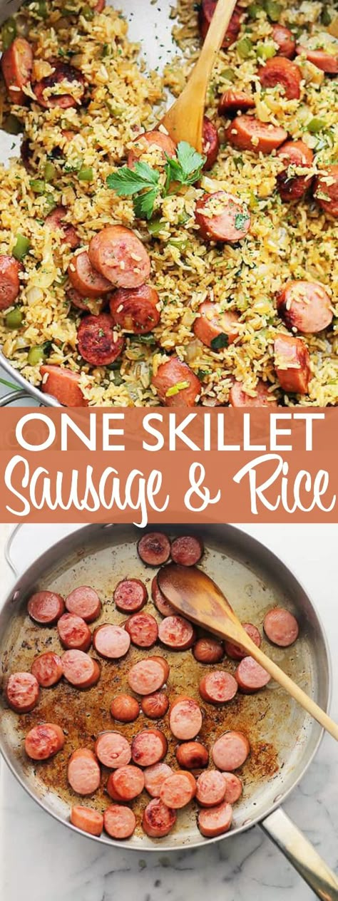 One Skillet Sausage and Rice - Sausage with Rice is an easy weeknight dinner recipe that you'll come back to again and again! It's an easy, 30-minute, meal with smoked turkey sausage, fluffy rice and flavorful veggies. Sausage With Rice, Smoked Turkey Sausage, Turkey Sausage Recipes, Sausage And Rice, Sausage Recipes For Dinner, Sausage Dinner, Smoked Sausage Recipes, Kielbasa Recipes, Sausage Dishes