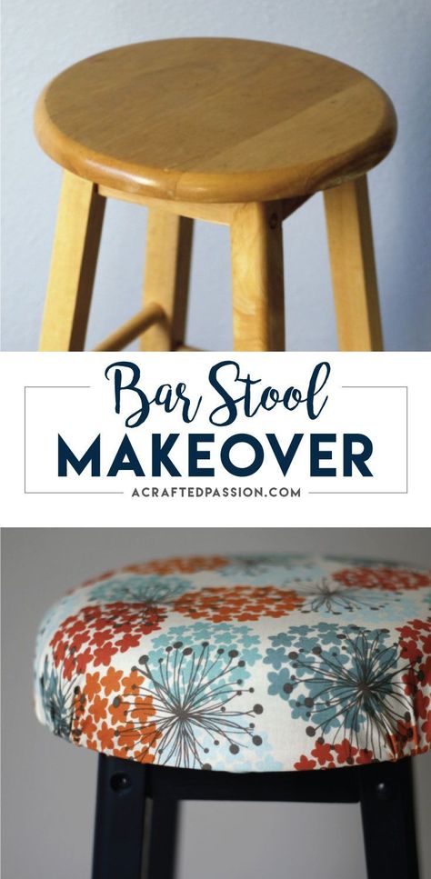 This old bar stool was in great condition but was in desperate need for some personality! DIY an easy padded seat with foam, pretty fabric, and some paint for an updated look! Complete this simple makeover tonight! Bar Stool Makeover, Painted Bar Stools, Diy Bar Stools, Stool Makeover, Easy Bar, Wicker Bar Stools, Diy Stool, Paint Bar, Old Bar