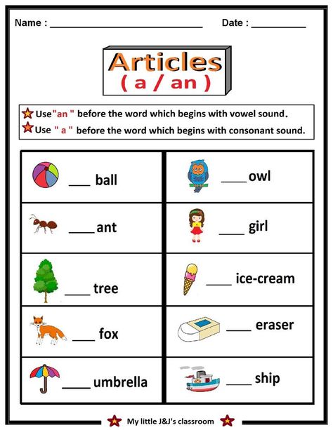 English Worksheet For Class 1 Vowels, Articles Worksheet For Grade 1, Articles Worksheets For Grade 1, Class Worksheets, Articles Worksheet, Alphabet Practice Worksheets, 2nd Grade Reading Comprehension, Motivational Quotes For Kids, Worksheets For Class 1