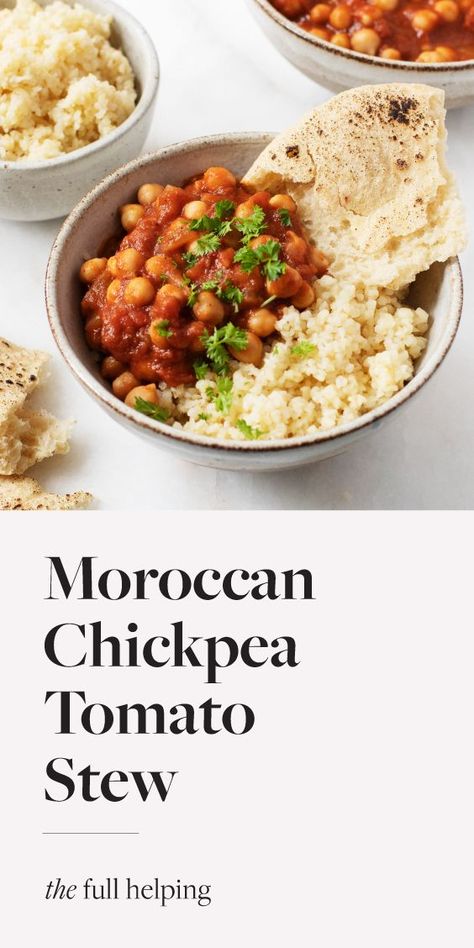 This Moroccan chickpea tomato stew is bursting with flavor and so easy to prepare! You can use fresh or canned tomatoes. A freezer-friendly, pantry-friendly #vegan and #glutenfree dinner. Pair it with couscous, rice, quinoa or flatbread for a satisfying meal. #vegetarian #vegandinner #plantbased Moroccan Quinoa, Moroccan Chickpea Stew, Chickpea Tomato, Meal Vegetarian, Moroccan Chickpea, Coconut Lentil Curry, Vegan Feast, Tomato Stew, Juice Cleanses