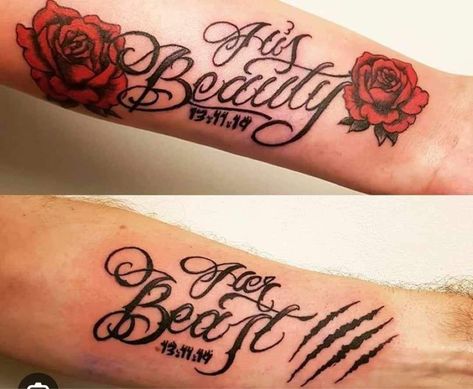 Tattoo For Hubby, Couples Tattoo Designs Marriage, Love Couple Tattoo Ideas, Matching Tattoo Boyfriend Girlfriend, Beauty And Beast Tattoo Couple, His Beauty Her Beast Tattoo, Marriage Tattoos Husband Wife, Husband And Wife Tattoos Meaningful, Husband Wife Tattoos Couple Tat