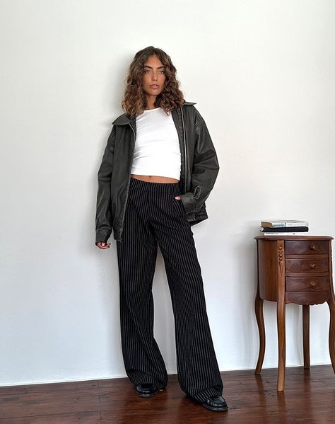 Black Pinstripe Pants Outfit, Pinstripe Pants Outfit, Pinstripe Fabric, Trousers Outfit, Pinstripe Trousers, Trouser Outfit, Pu Jacket, Summer Bodycon Dress, Distressed Jacket