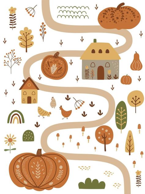 Autumn pumpkin harvest festival in village. Cute map with pumpkins, houses, farm cottage, chicken, tree. Fall invitation. Vector autumn illustration. Garden, farm, agriculture. Nature landscape. Farm Pattern, Harvest Illustration, Gardening Illustration, Farm Illustration, Fall Illustration, Farm Prints, Harvest Farm, Funny Laptop Stickers, Pumpkin Garden