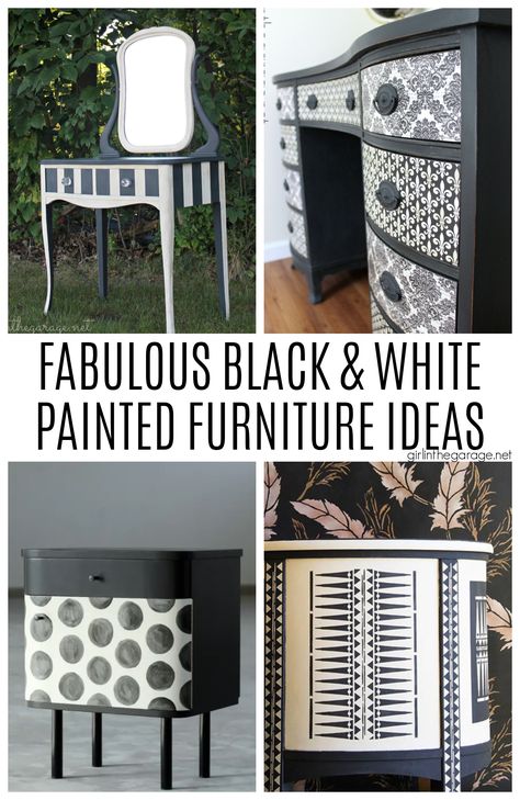 Vanity Ideas Bedroom Black And White, Black And White Chalk Paint Furniture, Black And White Painted Furniture Ideas, Black And White Furniture Painting Ideas, Black And White Painted Furniture, Vintage Vanity Makeover, Refinished Vanity, Black And White Dresser, White China Cabinets