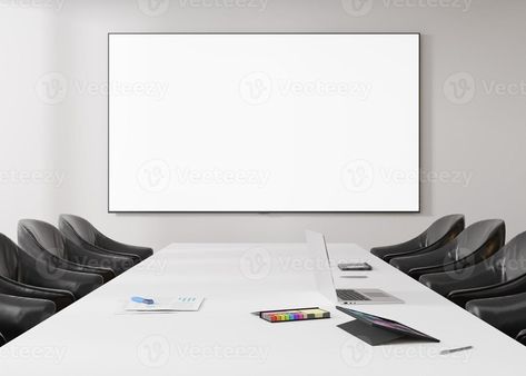 Conference room with blank, empty TV screen. Monitor mock up. Business meeting room with LCD screen for presentation, advertising. Modern, contemporary office. Free, copy space, template. 3d rendering Business Meeting Room, Conference Room Background, Space Template, Modern Contemporary Office, Save The Date Pictures, Black Background Design, Online Interview, Office Team, Work Meeting