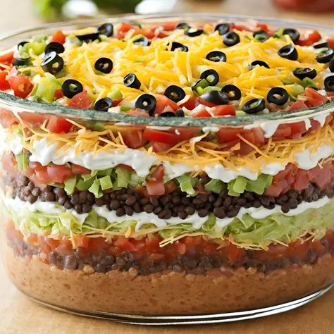 7 Layer Taco Dip With Meat Ground Beef, Taco Dip With Meat, Taco Salad Dip, Seven Layer Taco Dip, Layer Taco Dip, 7 Layer Taco Dip, Layered Taco Salads, Easy Taco Salad Recipe, Seasoned Sour Cream