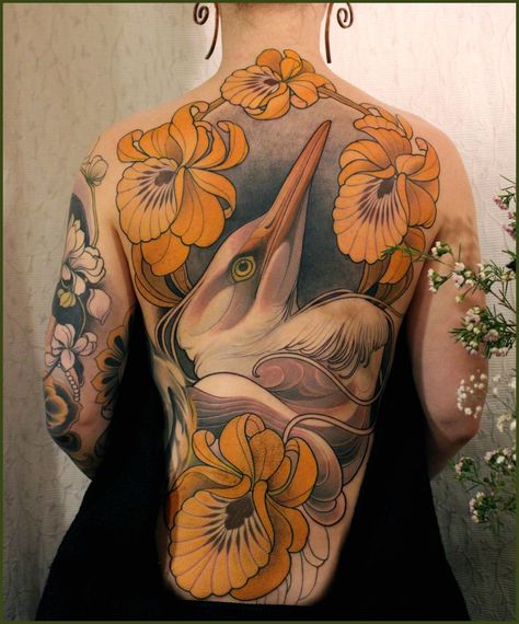 Vintage Tattoo Sleeve, Traditional Back Tattoo, Heron Tattoo, Backpiece Tattoo, Art Nouveau Tattoo, Neo Tattoo, Nouveau Tattoo, Back Piece Tattoo, Full Back Tattoos