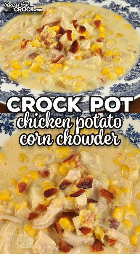 This Crock Pot Chicken Potato Corn Chowder is super easy to make. It is also a great comfort food recipe that will fill you up! via @recipescrock Crockpot Chicken Corn Chowder, Corn Chowder Crockpot, Potato Chowder Recipes, Chicken Corn Chowder Recipe, Easy Corn Chowder, Corn Chowder Soup, Chicken Corn Soup, Potato Corn Chowder, Fall Crockpot Recipes