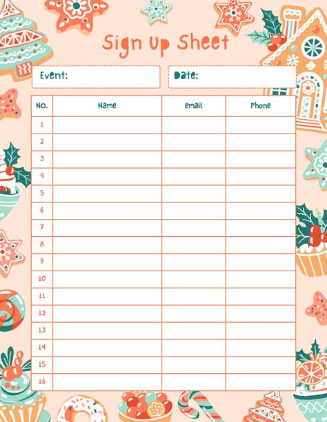 Use this customizable Peach and Mint Holiday Illustrated Gingerbread Cookies Christmas Sign Up Sheet Planner template and find more professional designs from Canva. #peach #red #pink #green #vintage #retro #illustrated #gingerbread #gift #house #cookie #Christmas #cartoon #playful #signupsheet #sheet #list #blank #document #signuplist #signup #planner #cartoonplanner #canva #template #event #kids #holiday #party Christmas List Template, Gingerbread Cookies Christmas, Party Food Signs, Blank Document, Cookie Gram, Sign Up Sheets, Cookie Christmas, Parents Christmas, Food Signs