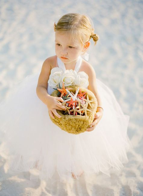 Flower girl with basket filled with starfish instead of petals. Beach wedding. Big Shells, Beach Wedding Flower Girl, Flower Girl Flowers, Flower Girl Ideas, Beach Flower Girl, Beach Flower Girls, Islamorada Wedding, Ring Bearer Flower Girl, Kt Merry